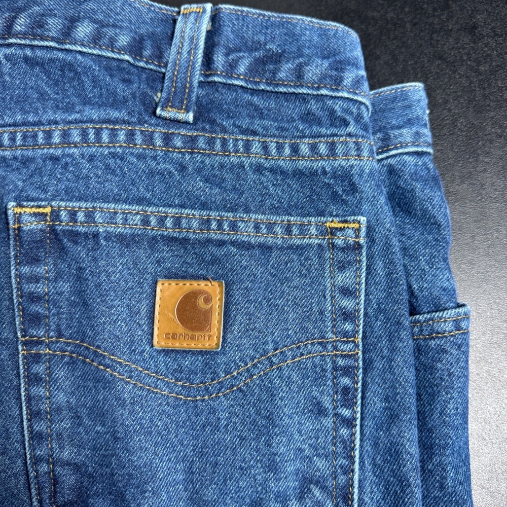 Carhartt Jeans Mens 36x30 Blue Solid Relaxed Fit B480-DVB Denim Work Pants - Picture 2 of 4